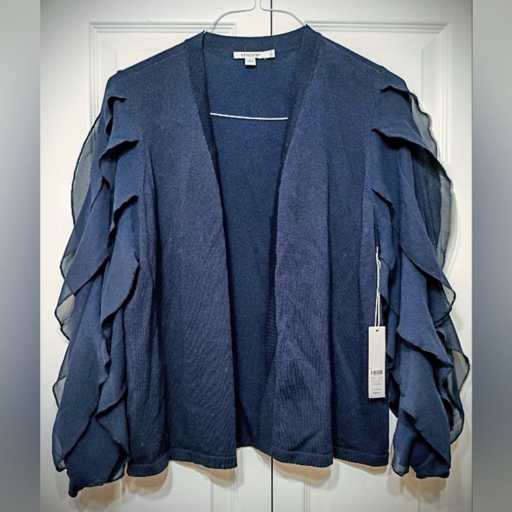Chico's Deep Blue Long Sleeve Ruffle Cardigan Size Medium Very Elegant NWT